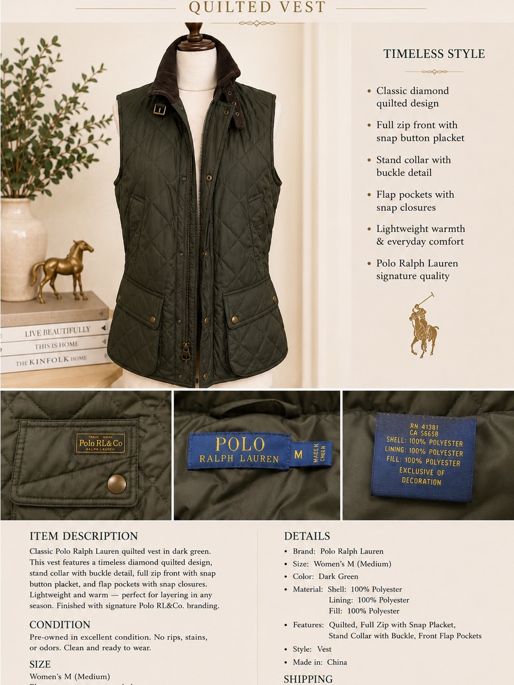 Polo by Ralph Lauren Dark Green Diamond-Quilted Vest